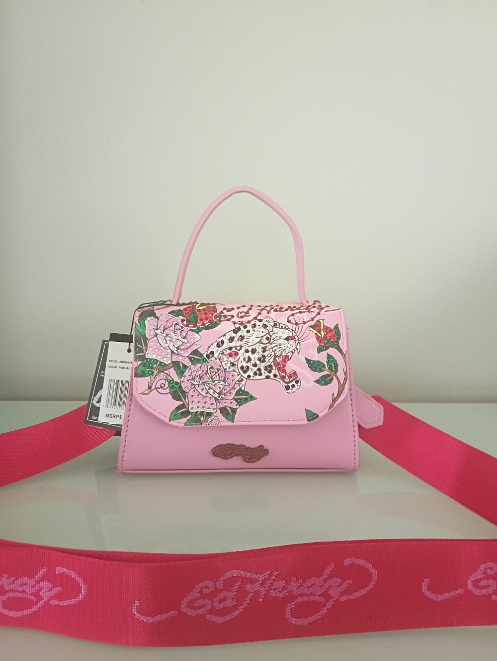 New pink Ed Hardy leopard floral Mini Satchel  crossbody bag